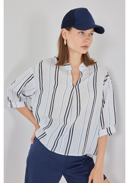 Kadın Bdart Çizgili V Yaka Bluz Peygamber Çiçeği Mavisi fırsatları