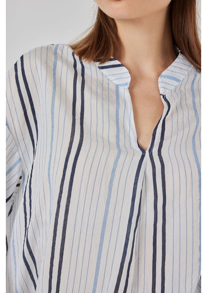 Kadın Bdart Çizgili V Yaka Bluz Peygamber Çiçeği Mavisi indirimleri