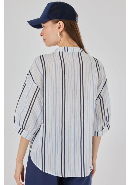 Kadın Bdart Çizgili V Yaka Bluz Peygamber Çiçeği Mavisi