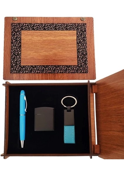 Dekoratif Ahşap Kutulu Çakmak ve Mavi Kalem Anahtarlık Set fiyatları