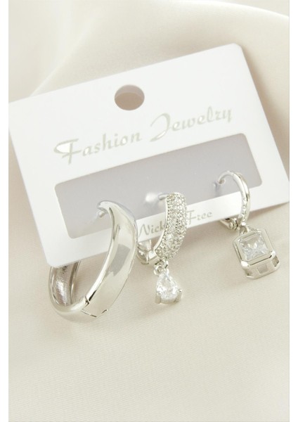 Techmrt 3 Adet Baget Zirkon Taşlı Küpe-Gümüş Rengi fiyatları