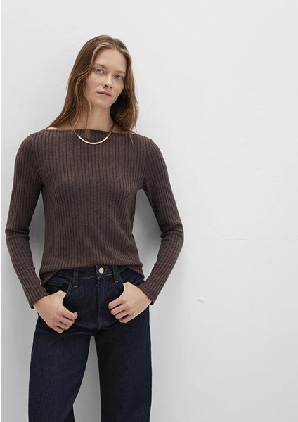 Uzun Kollu Geniş Yaka Kahverengi Tişört 1613596-88067