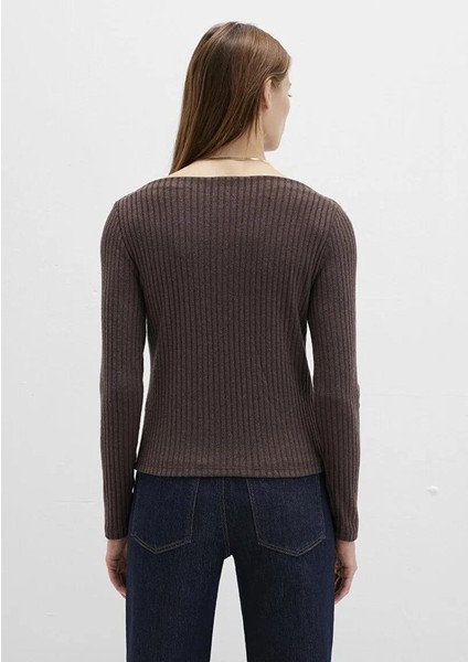 Uzun Kollu Geniş Yaka Kahverengi Tişört 1613596-88067 fırsatları