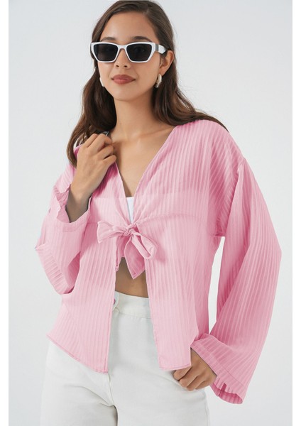 Kadın Bdart Fiyonk Bağlamalı V-Yaka Bluz Toz Pembe