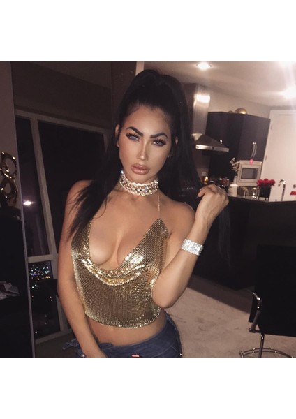 Parlak Gold Crop & Bluz Kolsuz Kayık Yaka Zırh Büstiyer fırsatları