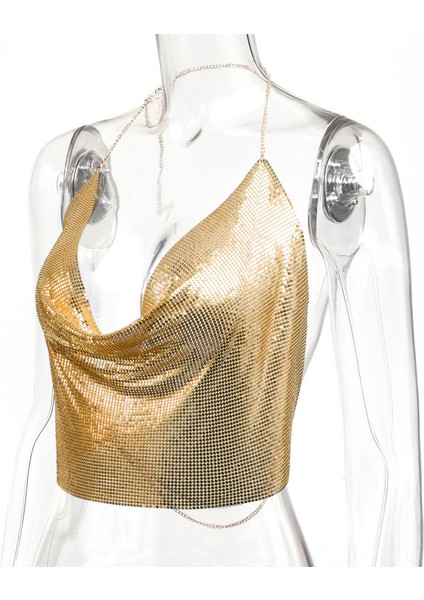 Parlak Gold Crop & Bluz Kolsuz Kayık Yaka Zırh Büstiyer