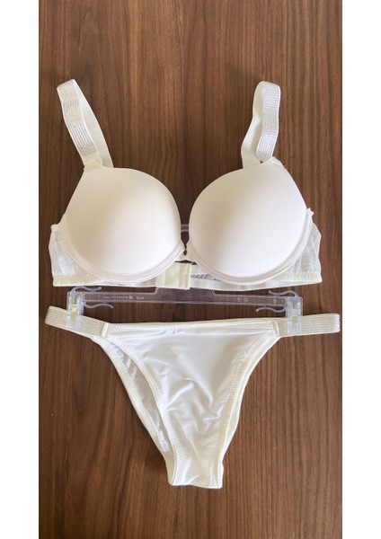 Ekru Double Push Up Balenli Taşlı Sütyen Külot Takımı