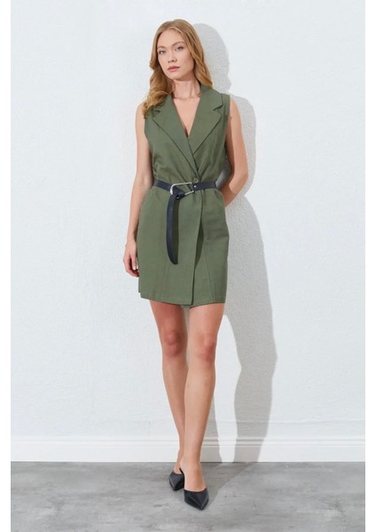 Kemer Detaylı Kolsuz Ceket Elbise - Haki