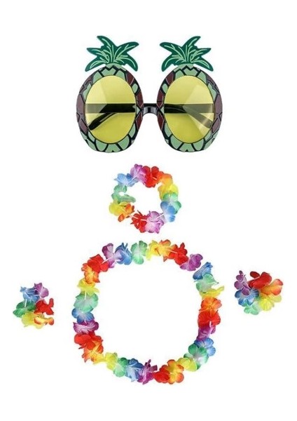 Renkli Ananas Gözlük, Taç, Kolye ve Bileklik Seti