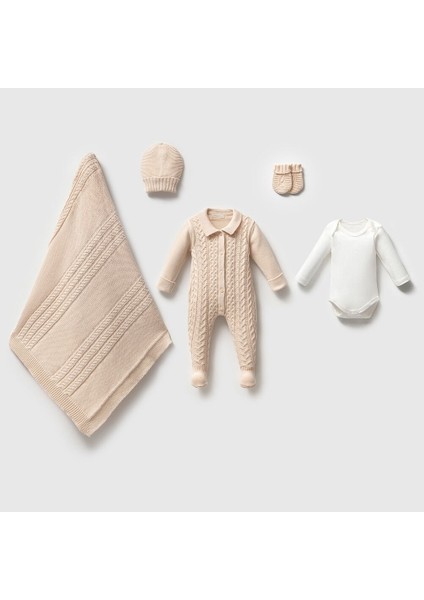 8326N Unisex Bebek Triko Ayaklı Saçlı 5'li Kutulu Naturel Hastane Çıkış Seti