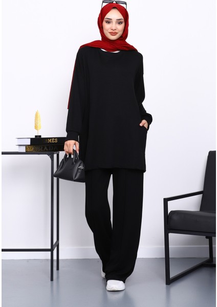 Siyah Yan Cepli Omuz Parçalı Alt Çımalı Modal Takım