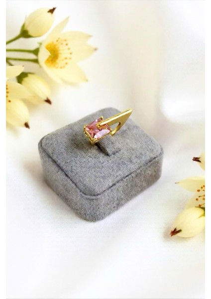 Pembe Baget Taşlı Gold Renkli Ayarlanabilir Çelik Yüzük