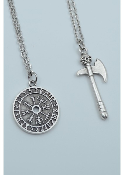 2'li Viking Tılsım Pusula Kuru Kafa Balta Gümüş Kaplama Kolye Seti