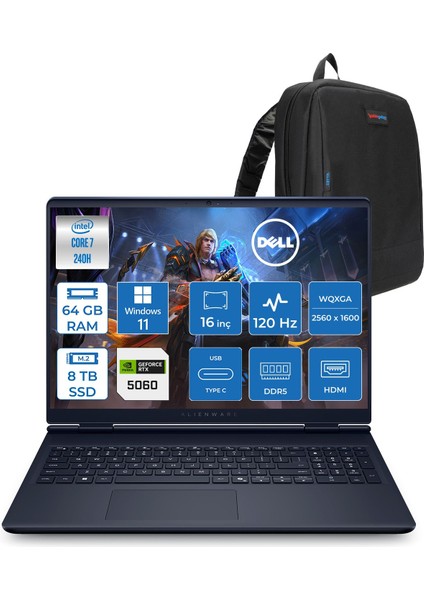 Alienware 16 Aurora AC16250 Intel Core 7 240H 64GB Ddr5 8tb SSD Windows 11 Home 8gb RTX5060 16 Inç 2K(2560×1600) Wqxga 120Hz Wva Gaming Laptop AC16250C71615U56NH42 + Zetta Çanta