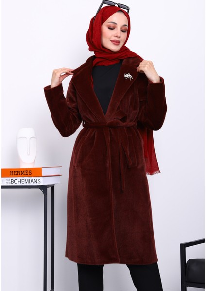 Bordo Kruvaze Yaka Cepli Angora Kaşe Kaban