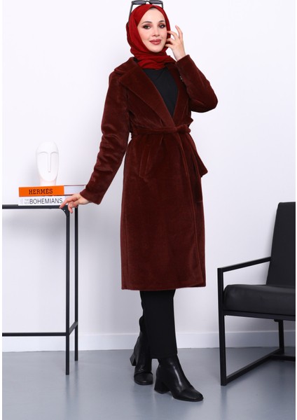 Bordo Kruvaze Yaka Cepli Angora Kaşe Kaban modelleri