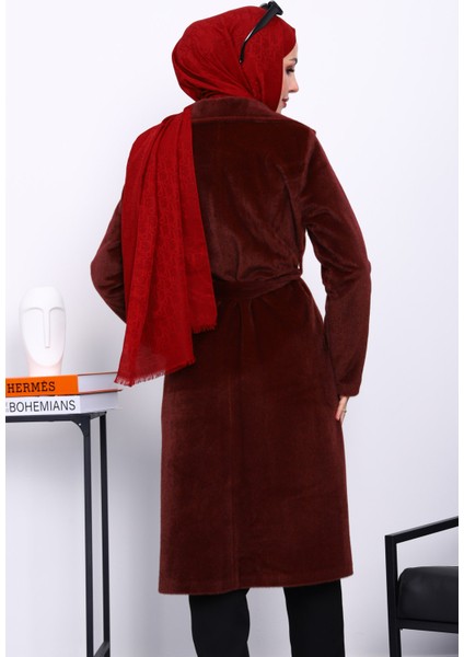 Bordo Kruvaze Yaka Cepli Angora Kaşe Kaban fırsatları