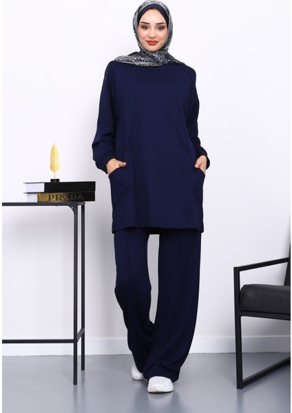 Lacivert Yan Cepli Omuz Parçalı Alt Çımalı Modal Takım