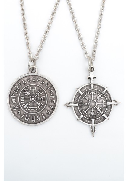 2'li Viking Pusula Gümüş Kaplama Kolye Seti