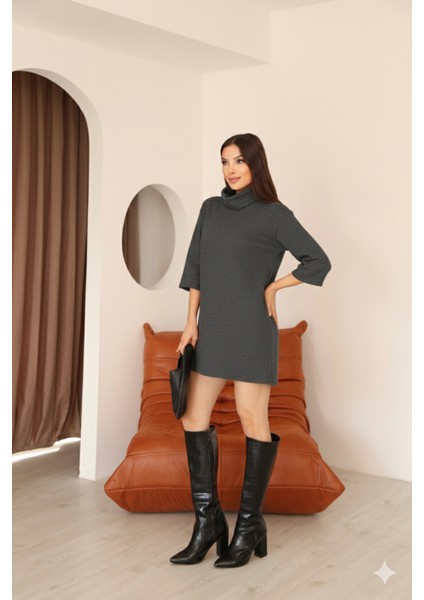 Kadın Antrasit Selanik Kumaş Boğazlı Geniş Kesim Diz Üstü Elbise modelleri