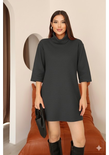 Kadın Antrasit Selanik Kumaş Boğazlı Geniş Kesim Diz Üstü Elbise fırsatları