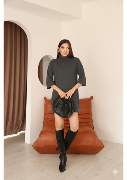 Kadın Antrasit Selanik Kumaş Boğazlı Geniş Kesim Diz Üstü Elbise indirimleri