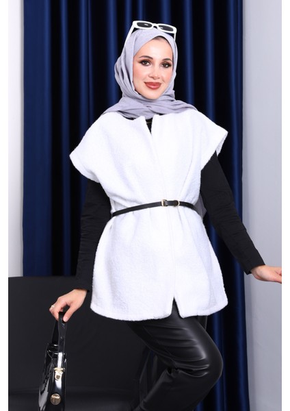 Ekru Bel Kemerli Buklet Yelek