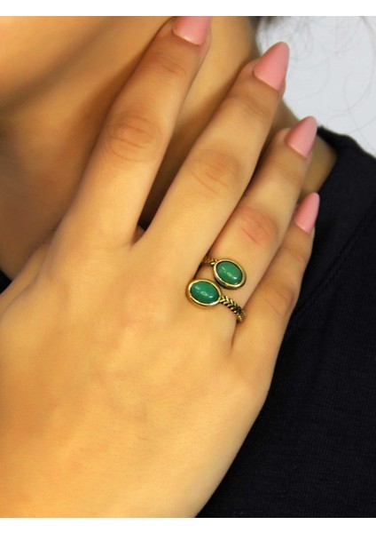 Doğal Taş Yeşil Akik Doğal Taşlı Antik Model Kadın Ayarlanabillir Yüzük EUY75YA