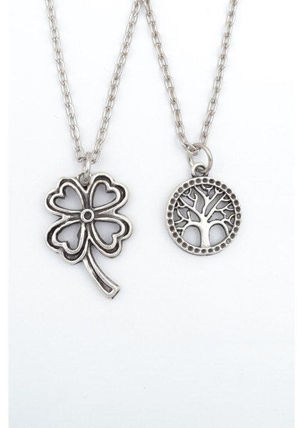 2'li Dört Yapraklı Yonca - Yaşam Ağacı Gümüş Kaplama Kolye Seti