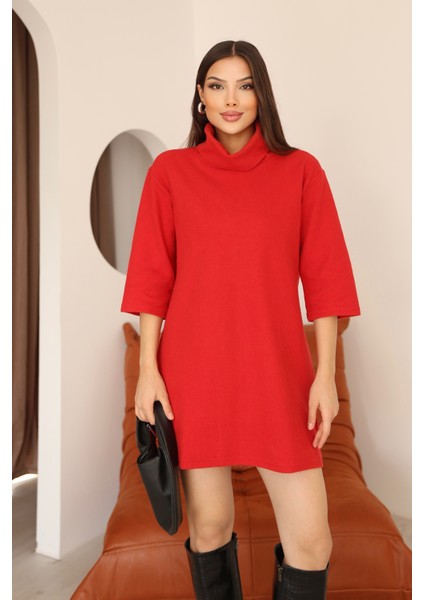 Kadın Kırmızı Selanik Kumaş Boğazlı Geniş Kesim Diz Üstü Elbise fiyatları