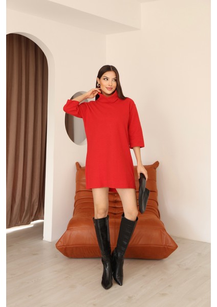 Kadın Kırmızı Selanik Kumaş Boğazlı Geniş Kesim Diz Üstü Elbise modelleri