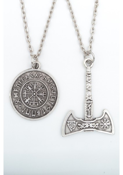 2'li Viking Pusula - Viking Balta Gümüş Kaplama Kolye Seti