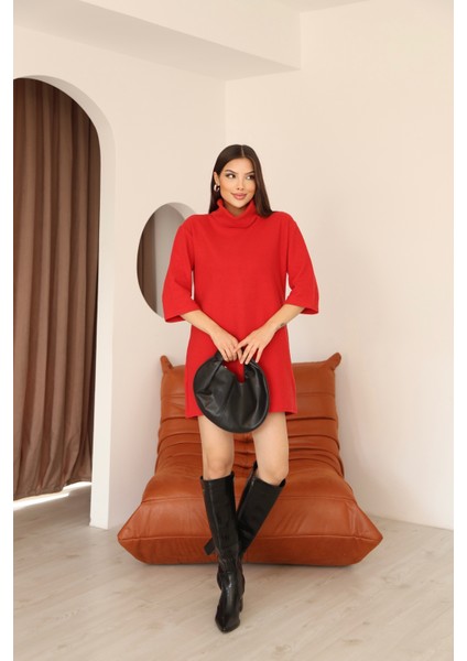 Kadın Kırmızı Selanik Kumaş Boğazlı Geniş Kesim Diz Üstü Elbise indirimleri