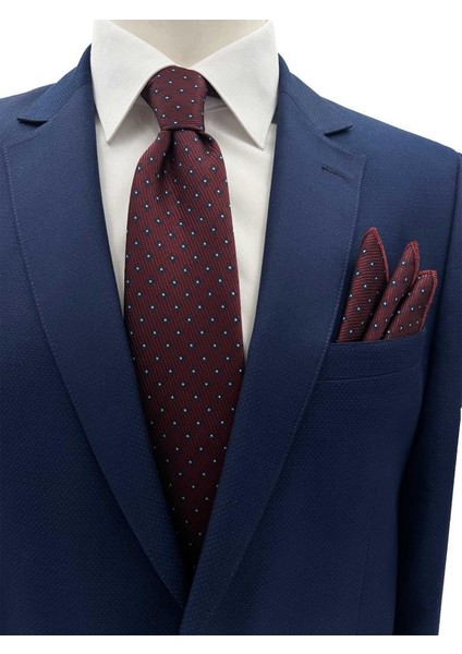 Bordo Lacivert Desenli Kravat ve Mendil Set