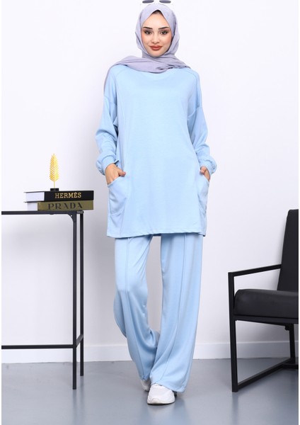 Bebe Mavi Yan Cepli Omuz Parçalı Alt Çımalı Modal Takım