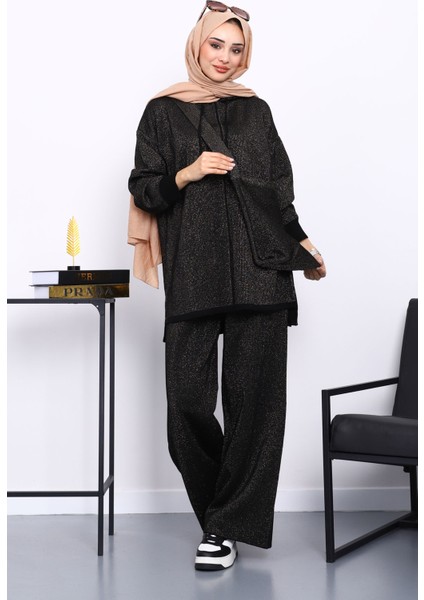 Siyah Çantalı Simli Tunik Pantolonlu Triko Takım