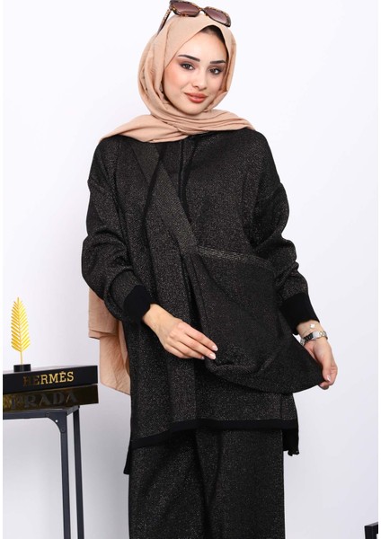 Siyah Çantalı Simli Tunik Pantolonlu Triko Takım modelleri