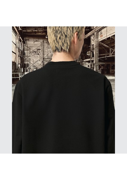Unisex Şardonlu Relaxed Fit Oversize Sweatshirt Siyah indirimleri