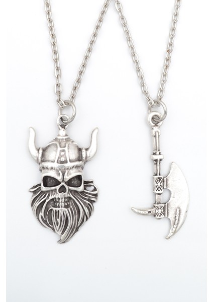 2'li Viking Sakallı Kuru Kafa - Balta Gümüş Kaplama Kolye Seti
