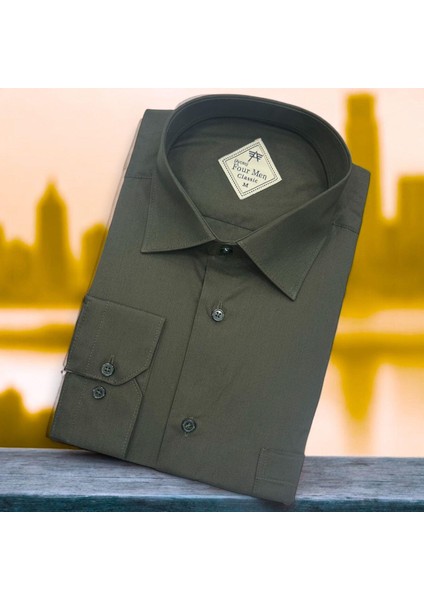 Klasik %100 Cotton Uzun Kollu Terletmeyen Kışlık Flanel Kumaş Koyu Haki Gömlek (Regular Kalıp)
