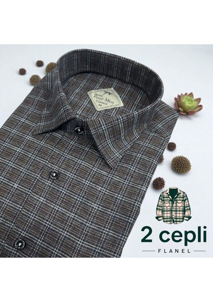 Iki Cepli Kapaklı Klasik %100 Cotton Uzun Kollu Terletmeyen Kışlık Flanel Kumaş Koyu Kahve Gömlek (Regular Kalıp)