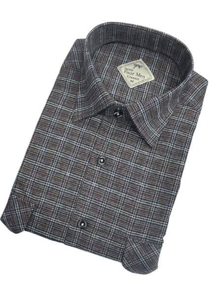 Iki Cepli Kapaklı Klasik %100 Cotton Uzun Kollu Terletmeyen Kışlık Flanel Kumaş Koyu Kahve Gömlek (Regular Kalıp) fiyatları