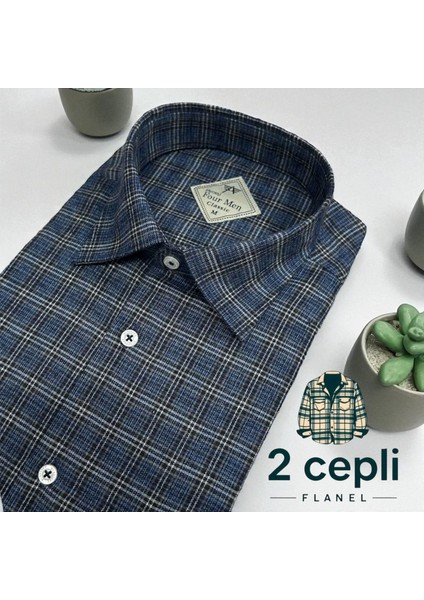 Iki Cepli Kapaklı Klasik %100 Cotton Uzun Kollu Terletmeyen Kışlık Flanel Kumaş Lacivert Gömlek (Regular Kalıp)