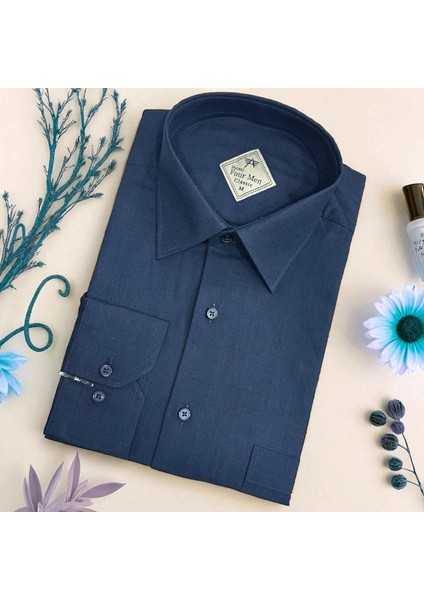 Klasik %100 Cotton Uzun Kollu Terletmeyen Kışlık Flanel Kumaş Lacivert Gömlek (Regular Kalıp)