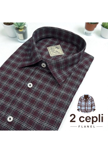 Iki Cepli Kapaklı Klasik %100 Cotton Uzun Kollu Terletmeyen Kışlık Flanel Kumaş Bordo Gömlek (Regular Kalıp)
