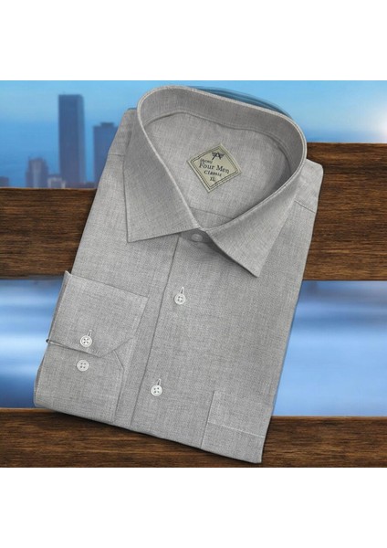 Klasik %100 Cotton Uzun Kollu Terletmeyen Kışlık Flanel Kumaş Gri Gömlek (Regular Kalıp)