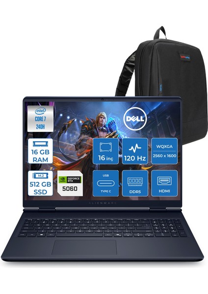 Alienware 16 Aurora AC16250 Intel Core 7 240H 16GB Ddr5 512GB SSD Freedos 8gb RTX5060 16 Inç 2K(2560×1600) Wqxga 120Hz Wva Gaming Laptop AC16250C71615U56NF02 + Zetta Çanta