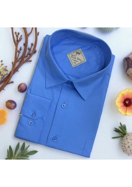 Klasik %100 Cotton Uzun Kollu Terletmeyen Kışlık Flanel Kumaş Mavi Gömlek (Regular Kalıp)