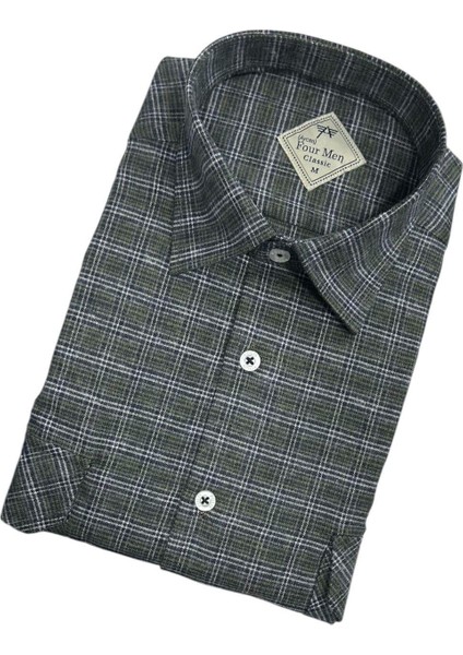Klasik %100 Cotton Uzun Kollu Terletmeyen Kışlık Flanel Kumaş Haki Gömlek (Regular Kalıp)