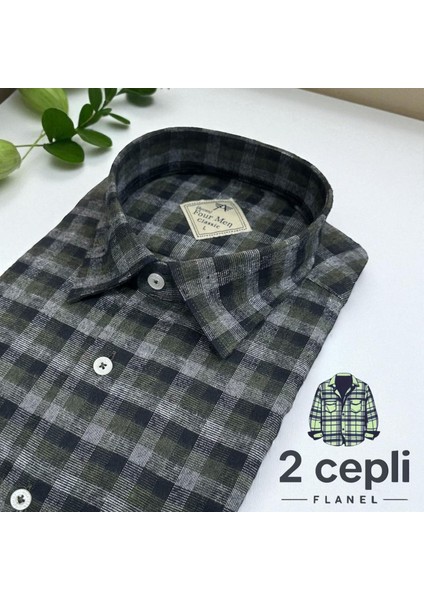 Iki Cepli Kapaklı Klasik %100 Cotton Uzun Kollu Terletmeyen Kışlık Flanel Kumaş Koyu Haki Gömlek (Regular Kalıp)